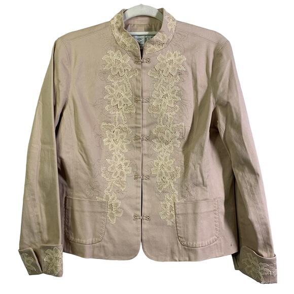 COLDWATER CREEK Jacket Mandarin Collar Lace Applique‎ Hook & Eye Closure NWT - Picture 1 of 15